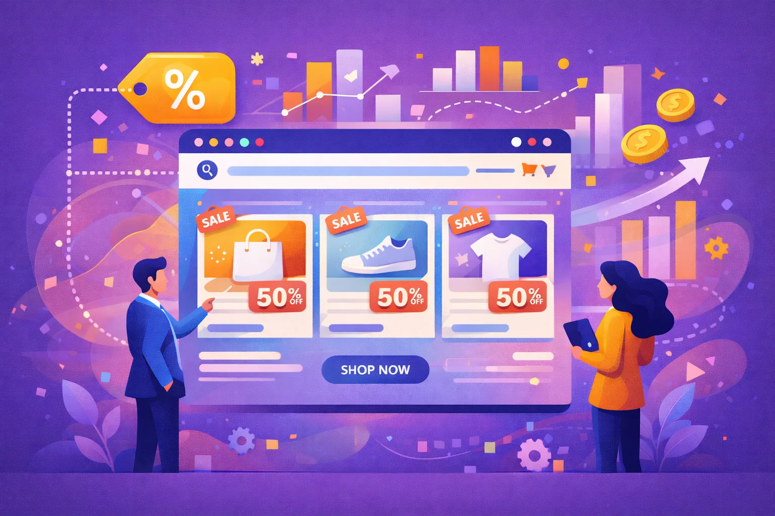 Infographic που απεικονίζει ένα eshop mockup με εκπτώσεις