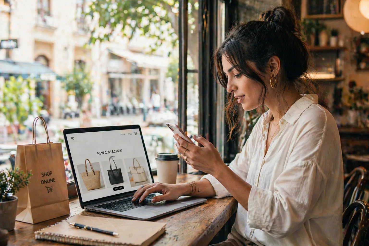 Νεαρή επιχειρηματίας που εργάζεται πάνω στο δικό της eshop στο χώρο μιας καφετέριας